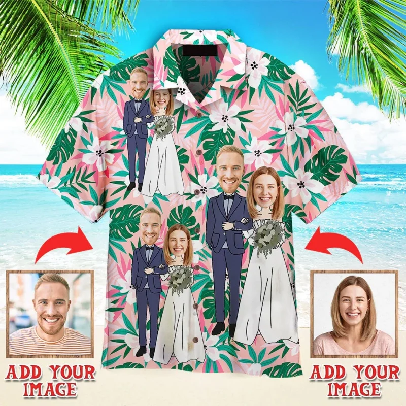 

Customized Couple Graphic Hawaiian Shirt For Men Portrait 3D Printed Short Sleeve Summer Loose Street Aloha Shirts Lapel Blouses