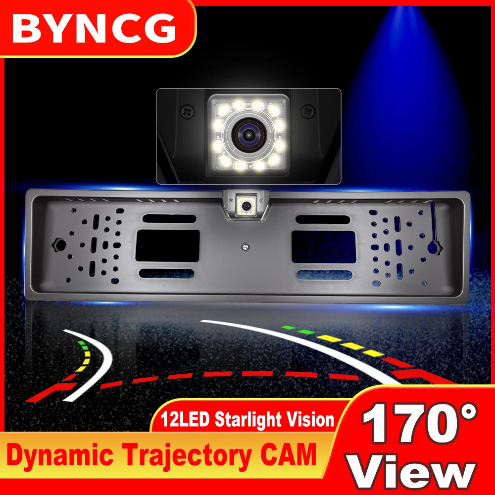 

European License Plate Frame 12LEDs 1080P CVBS Dynamic Trajectory Backup Camera Night Vision for Truck Car SUV, Camper Pickup