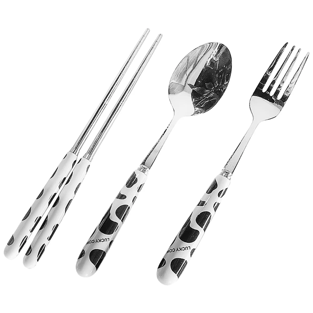 3 ชิ้นการ์ตูนวัวสแตนเลสชุดเดินทางแบบพกพาช้อนส้อมตะเกียบเครื่องเงินน่ารัก Camping Hiking Picnic