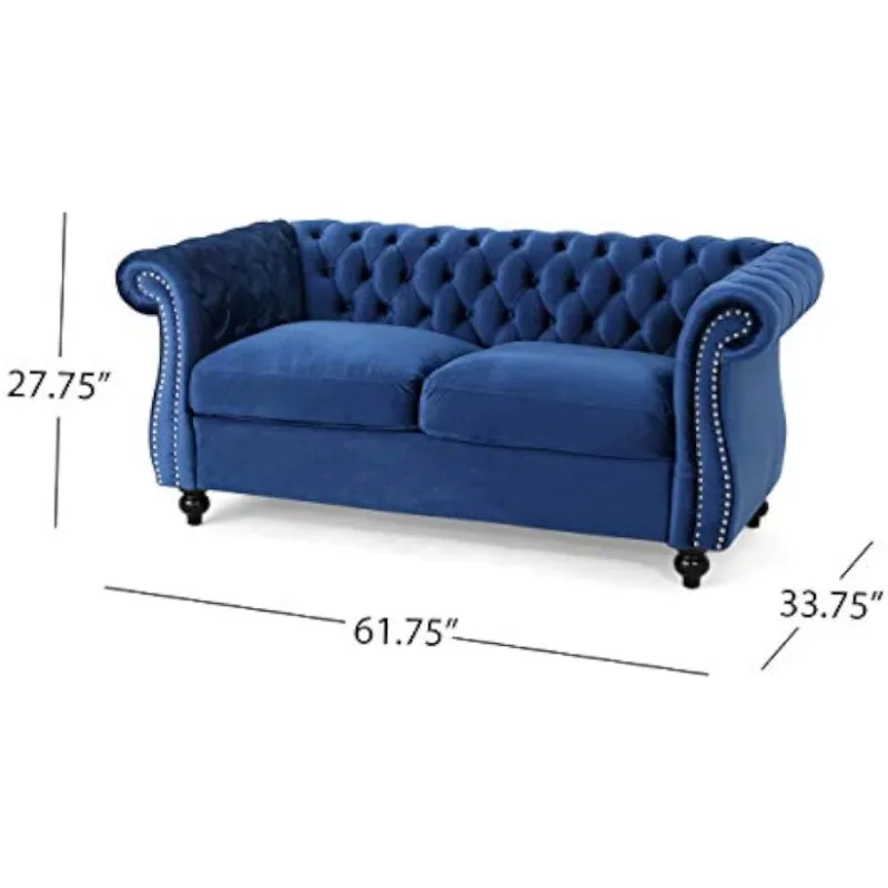 Traditional Loveseat Sofa, Hold up to 400 Pounds,Navy Blue and Dark Brown, 61.75 x 33.75 x 27.75,Velvet