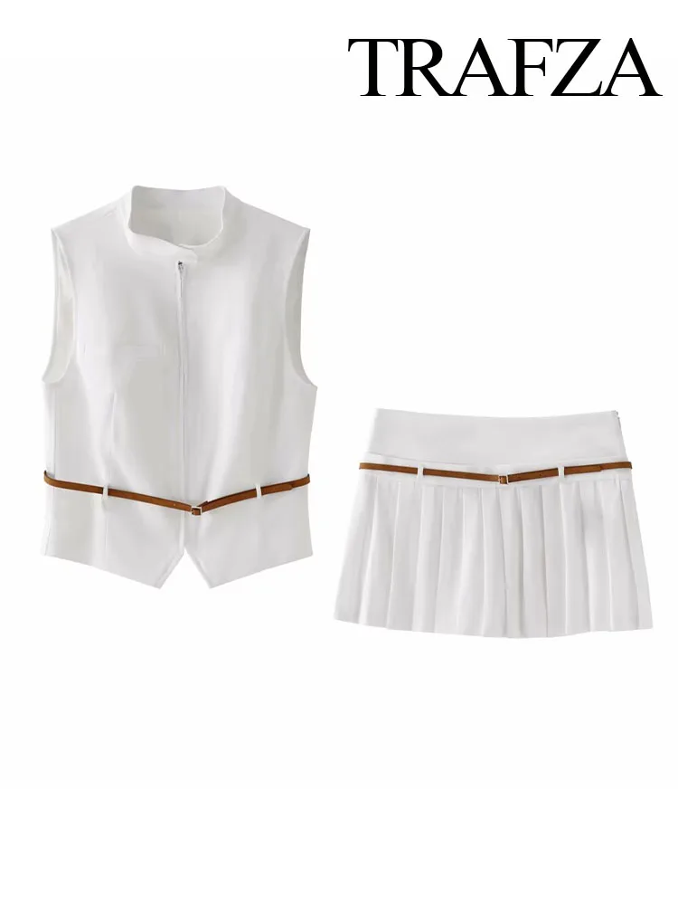 TRAFZA Women 2 Piece Set Elegant Zipper Belt Design Solid Sleeveless Vest Top+Vintage Slim Zipper Pleated Mini Skirt Shorts