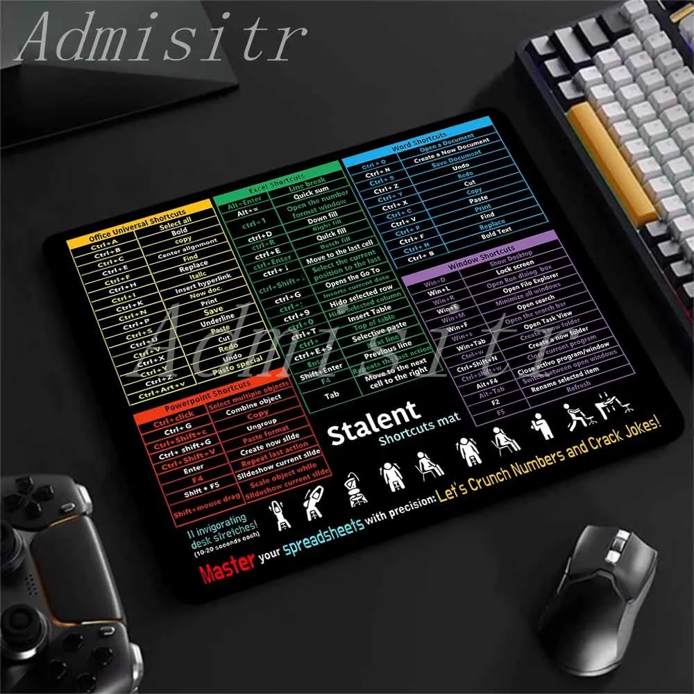 Shortcuts Black Mouse Pad Small Office Software Excel Mousepad Smooth Cloth with Non-Slip Rubber Base for Home Computer Laptop