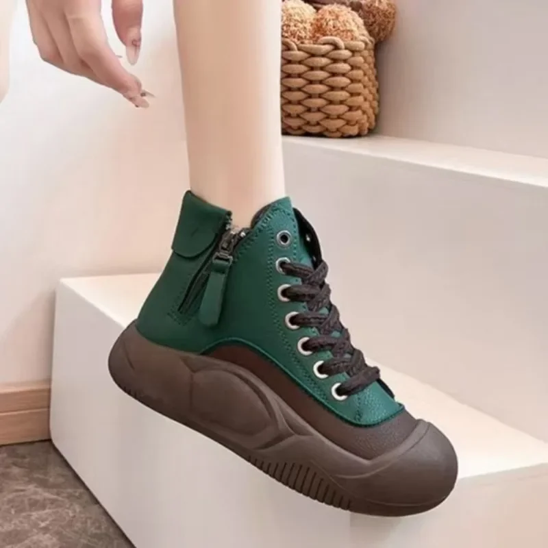 Women's Shoes on Sale High Quality Lace Up Women Boots Spring Autumn Round Toe Mixed Colors Short Barrel Platform Boots