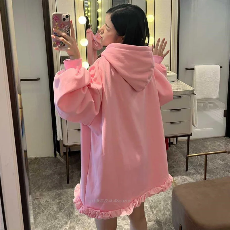 Sanrio Hello Kitty Trendy Mid Length Oversized Top Shirts Hooded Women Cute Loose Pullovers Y2k Autumn Winter Ruffled Hoodies