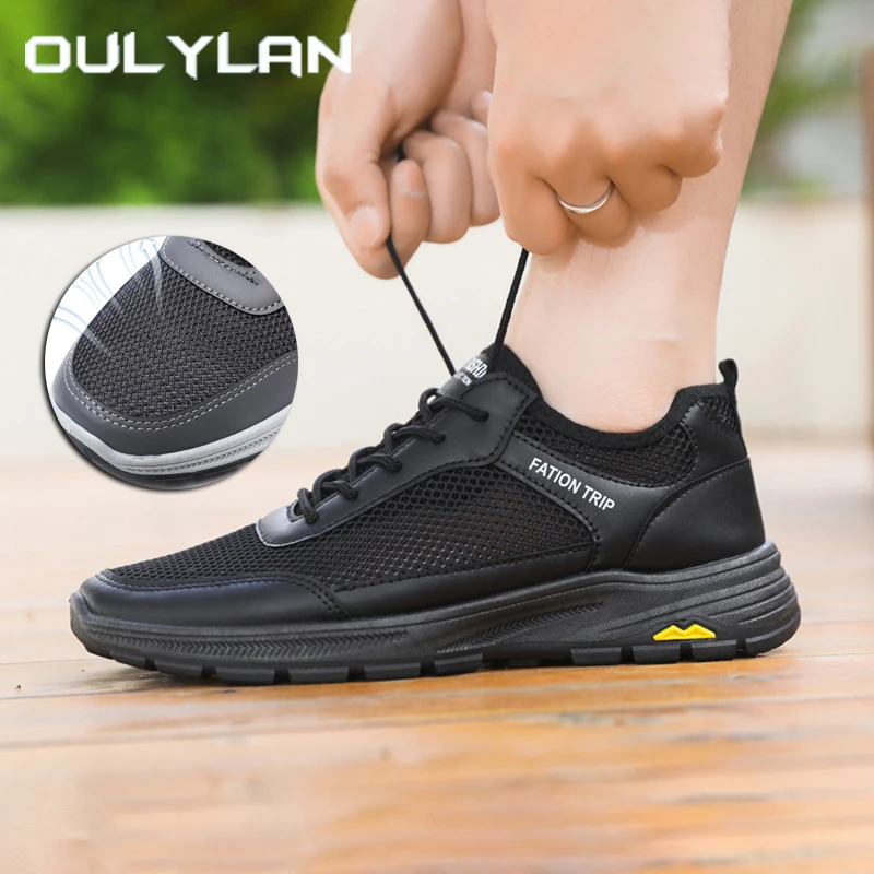 

Oulylan Summer Pure Color Mesh Sport Shoes Men Casual Breathable Hollow Out Sneakers Outdoor Soft Soled Lace Up Hiking Footwear