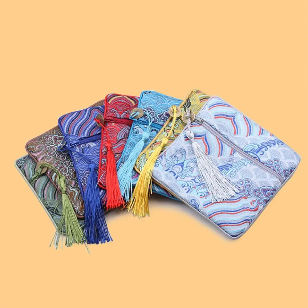 Chinese Style Silk Jewelry Organizer Embroidery Coin Purse Brocade Pouch Zipper Bag Sea Wave Pattern Jewelry Storage Bag