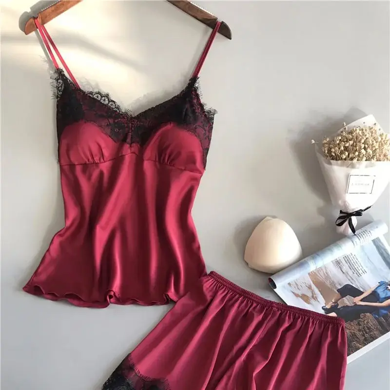 Women Pajama Suit Fashion V-Neck Stretch Satin Babydoll Lace Sexy Lingerie Bowknot Pyjamas Sleep Shorts Set Sleepwear New