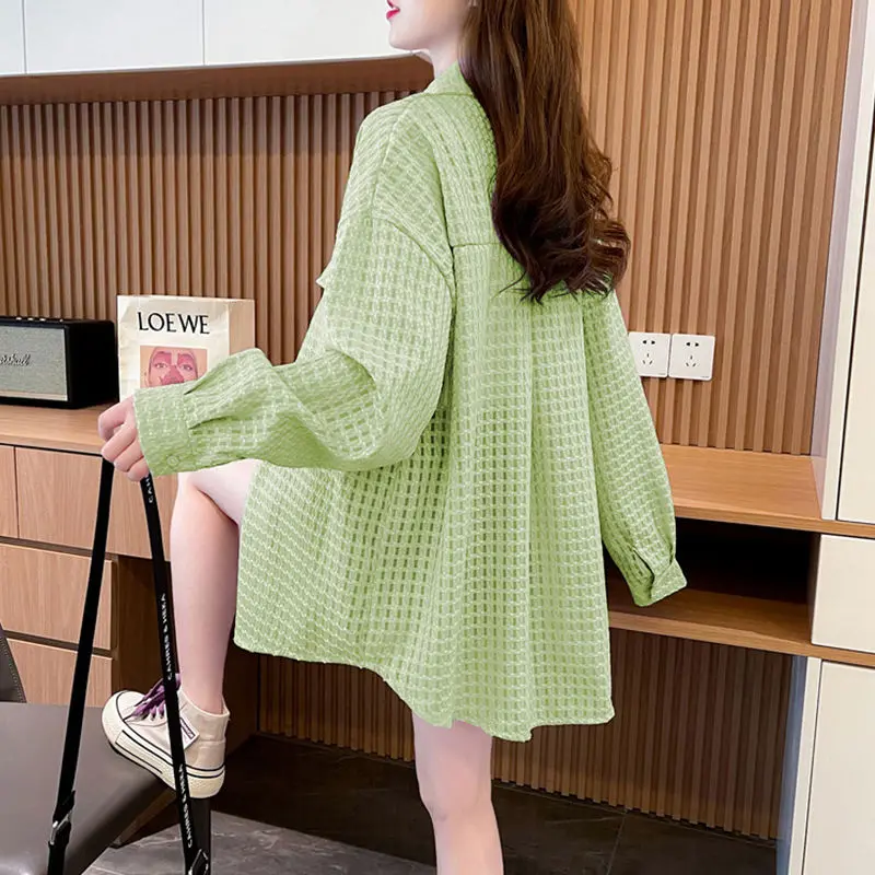 

Plaid Buttons Thin Women's Long Sleeved Chiffon Shirt Blouse New Sunscreen Cool Top Blouse 2024 News Female Ladies Polo Neck R74