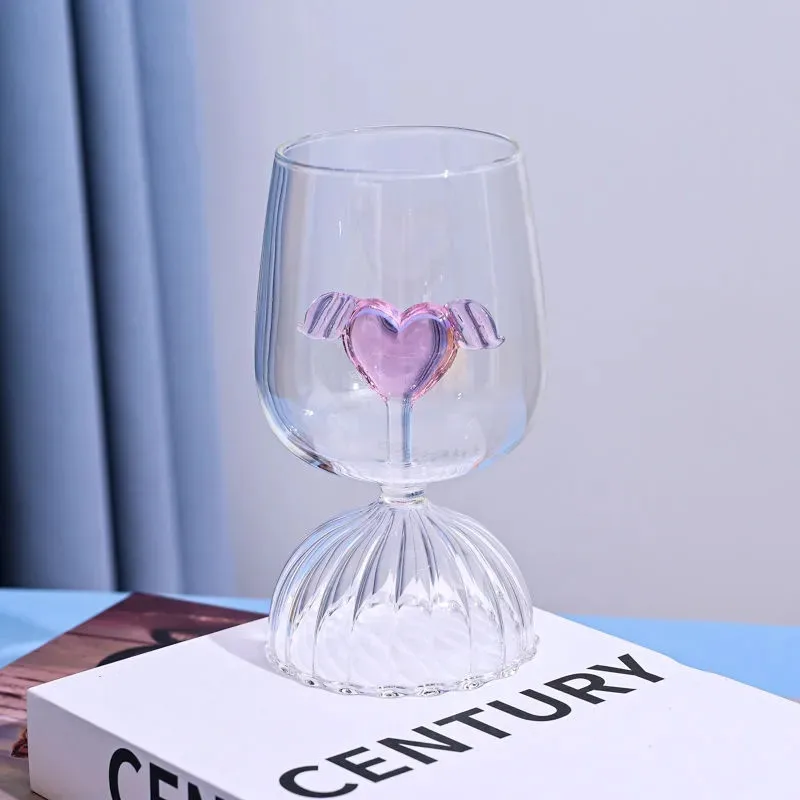 Glass Cup With Pink Heart Design Wings Wine Glasses Angel Goblet Ins Style Red Juice Milk Water Champagne Wine Cocktail Goblet