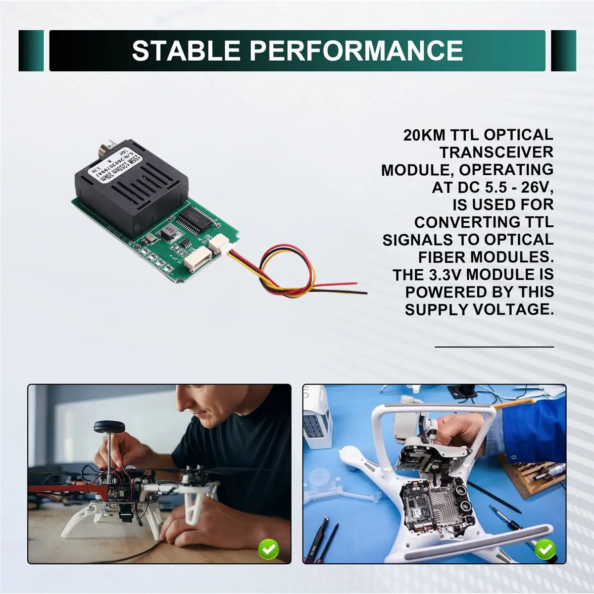 Dynamic 20KM TTL Optical Transceiver Module Optical Terminal Equipment Fiber Port FC Drone-Specific TX SkyEnd