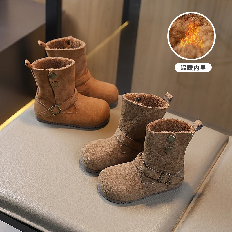 Children's Boots Korean-style Spring Winter Fashion Casual Leather Boots Versatile Round Toes Girls Princess Boots Suede Warm