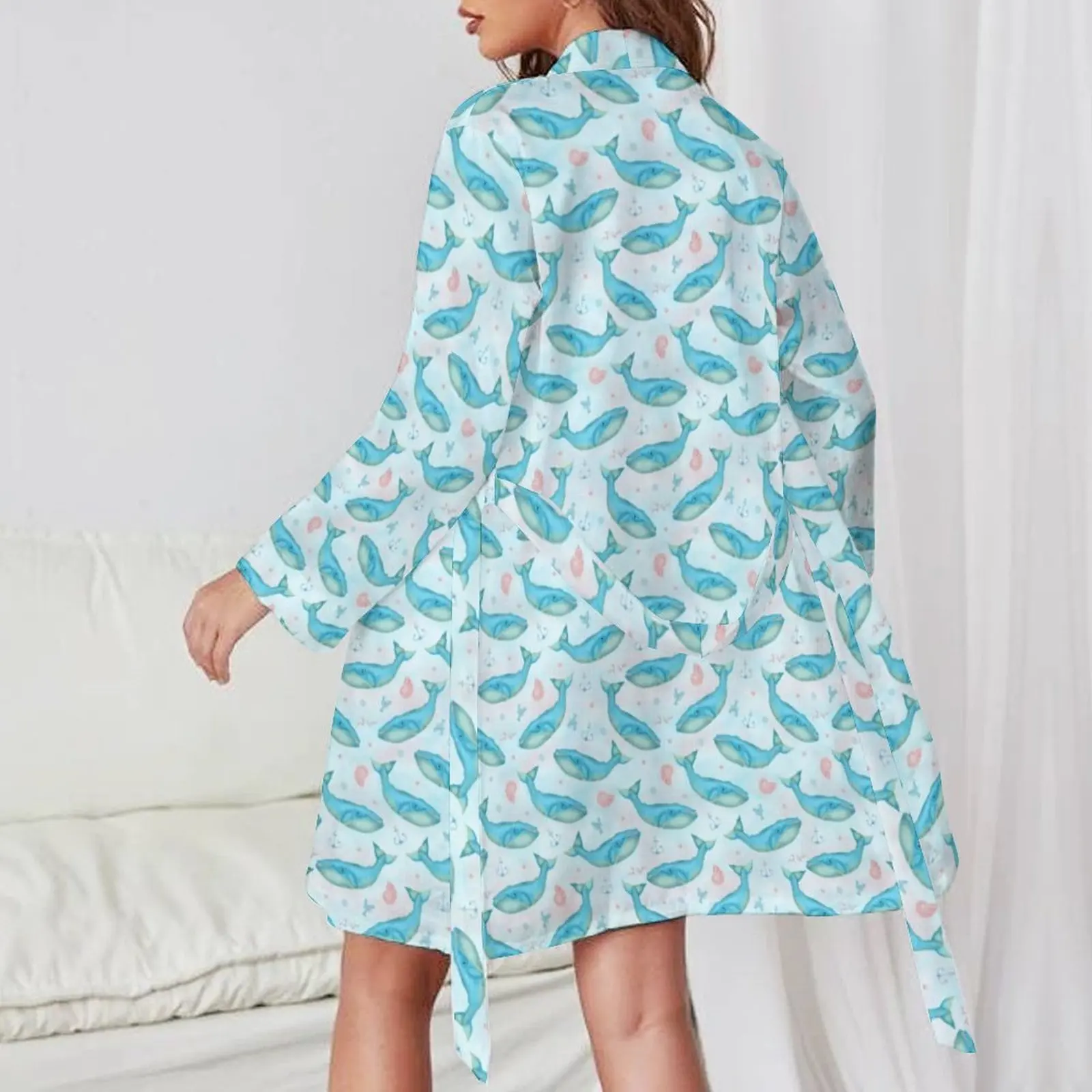 Nautical Ocean Beach Pajama Robe V Neck Blue Whale Sexy Dresses Women Long-Sleeve Aesthetic Sleepwear Print Pajamas Robes