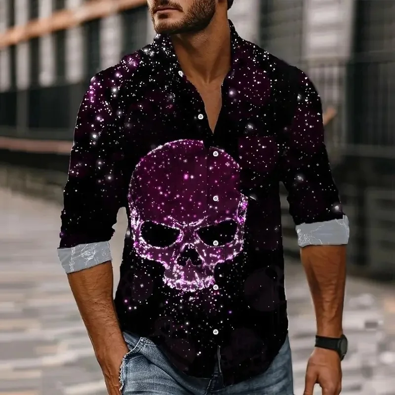 Men's Galaxy Star Purple Glowing Skull Print Long Sleeve Shirt Lapel Button Tops For Night Club Holiday Casual Outfit