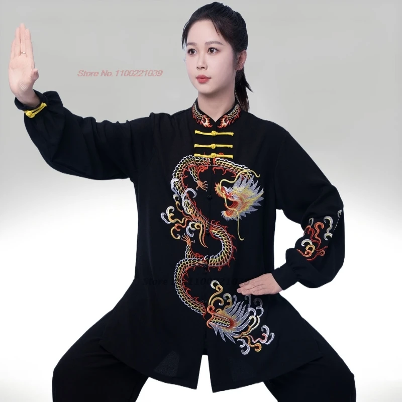 

2025 chinese vintage kung fu tai chi martial arts taijiquan dragon embroidery tops+pants set wushu training exercise practice