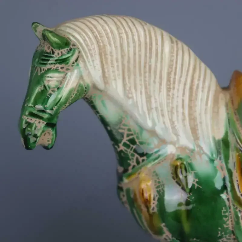 Chinese Antique Imitation Tang Tri-Color Glazed Ceramics Green War Horse Porcelain Statue 8.27 inch
