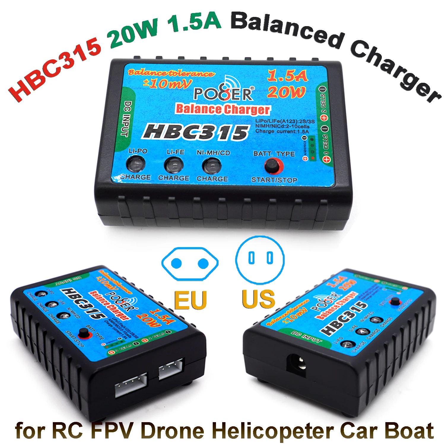 

RC FPV Drone Helicopeter Car Boat Lithium Battery Charger HBC315 20W 1.5A Balanced Charger 2/3S Lipo LiFe NIMH NICD 2-10 Cells