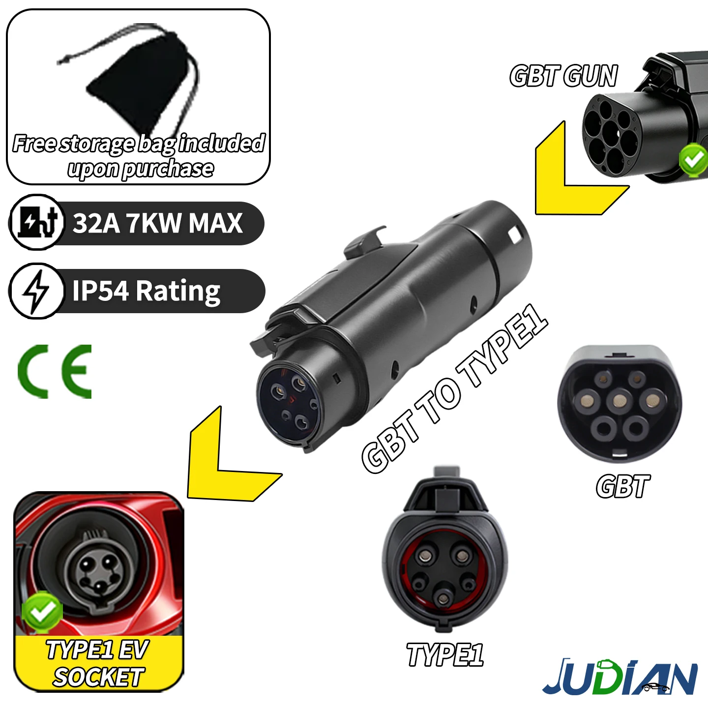 GBT EV Charging Adapter Converter 32A 7KW/22KW Fast Charging GBT to Type2 Type1 NACS IEC 62196 J1772 Connector for Electric Car