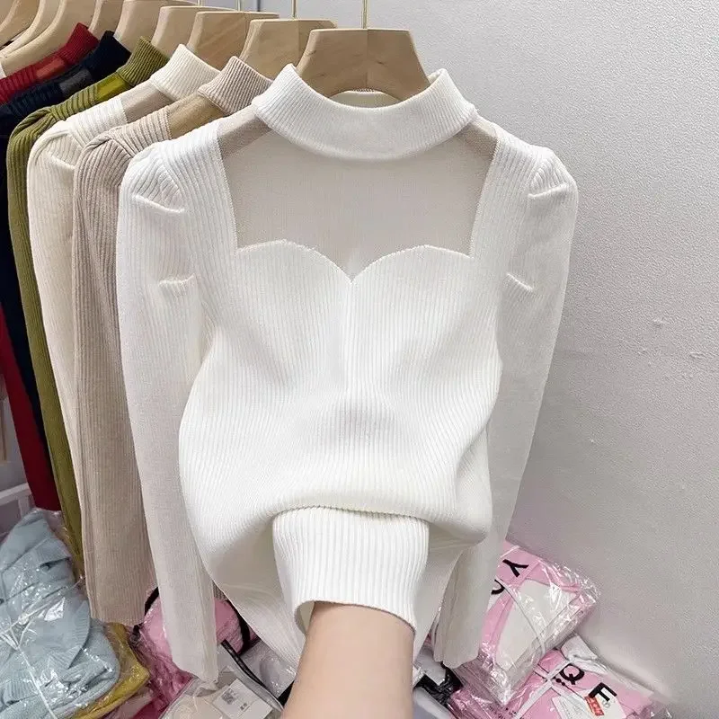 Women's Autumn/Winter Sweater Fashion Half Turtleneck Pullover Sexy Perspective Mesh Patchwork Slim Knitted Bottom Top