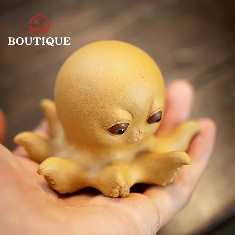 Chinese Yixing Purple Clay Tea Pet Lucky Fortune Octopus Statue Animal Sculpture Ornaments Handmade Lid Stander Decoration Gifts