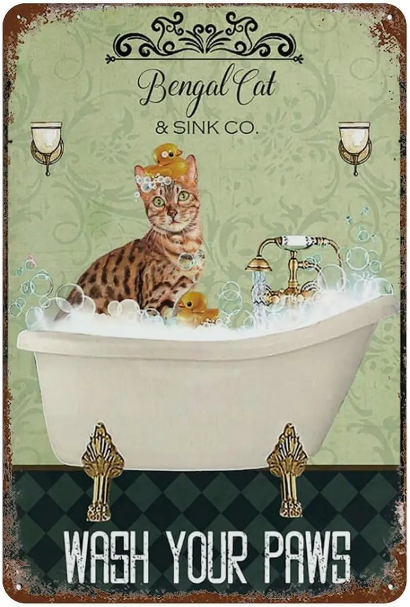 Tin Signs Retro Bengal Cat In Bathtub Bath Soap Established Wash Your Paws Art Decorations Metal Sign Wall Decor Tin Signs  sign