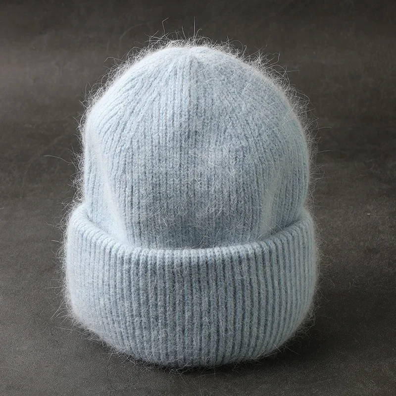 Winter Real Rabbit Fur Knitted Beanies For Women Fashion Solid Warm Cashmere Wool Skullies Beanies Female Three Fold Thick Hats