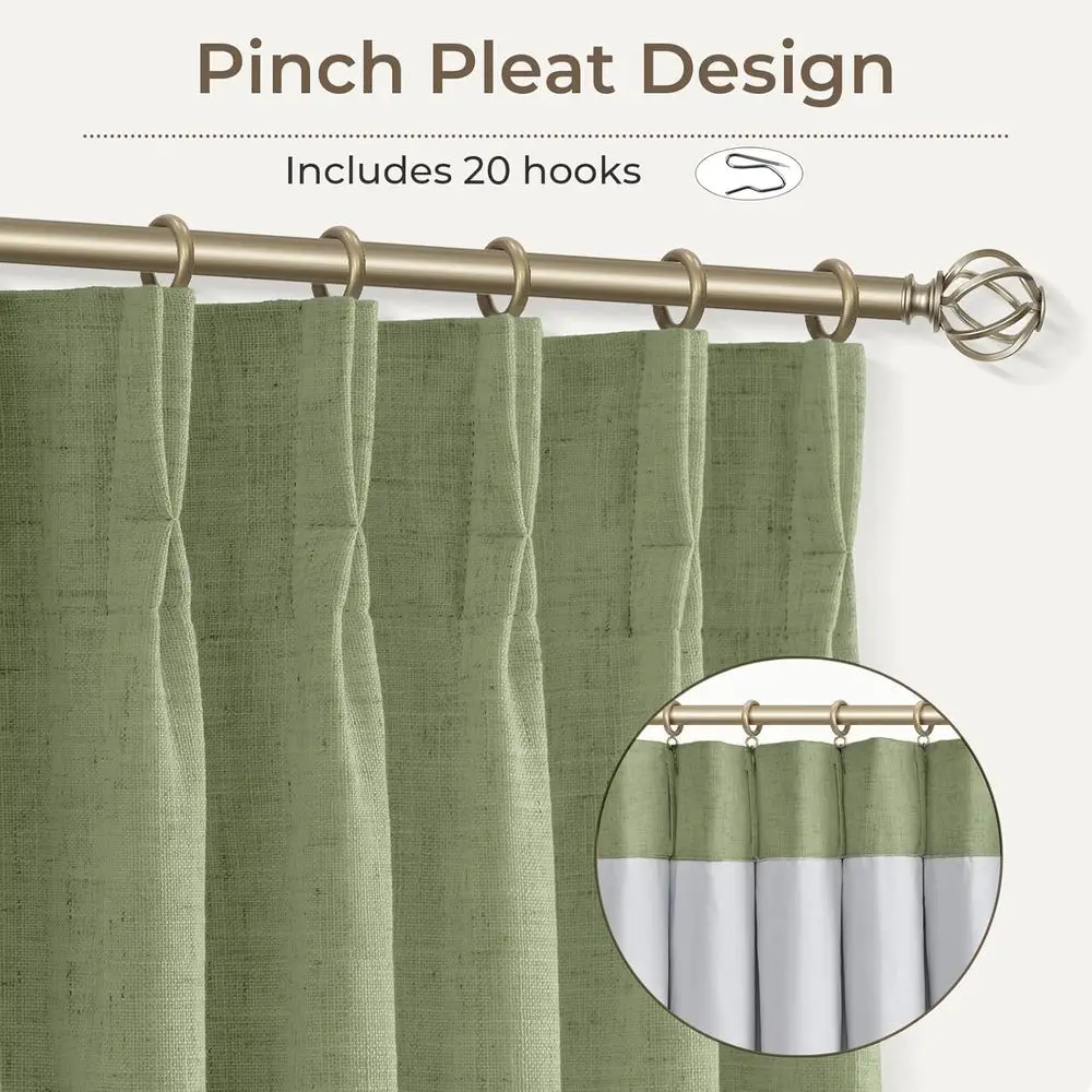 リネン混紡100%遮光カーテン、40x90、20個のフック、2枚セット、セージグリーン、寝室とリビングルーム用