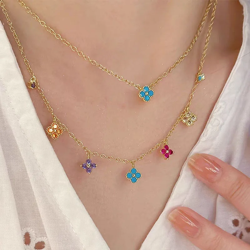 French Style Retro Dopamine Clover Design Necklaces Clavicle Chain Bracelets Colorful Zircon Earrings Jewelry Sets For Women