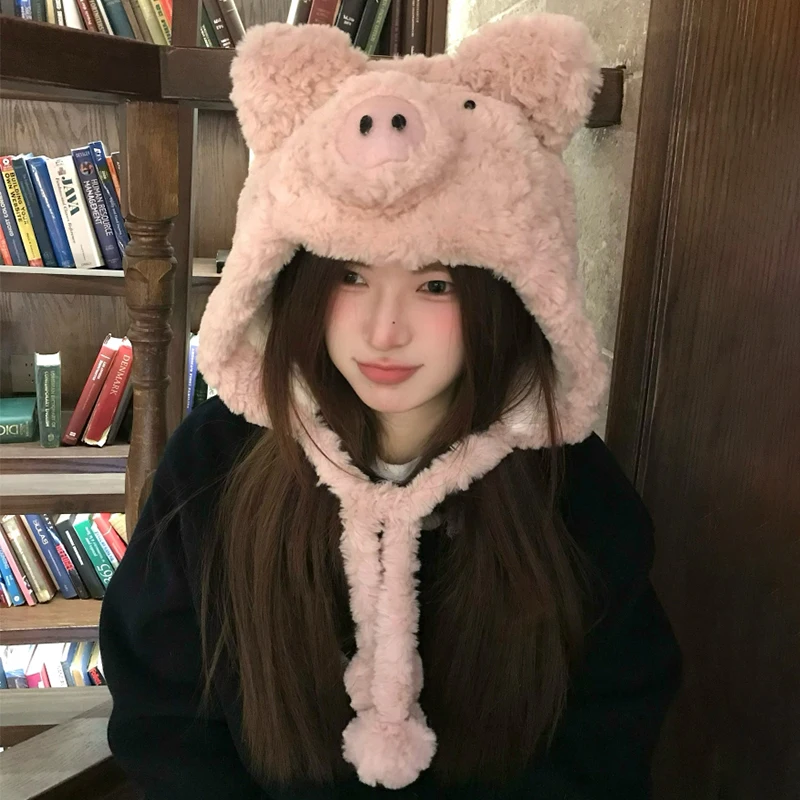 Gorro con orejas de oso con diseño de cerdo rosa para mujer, bufanda, pasamontañas cálido de invierno integrado para ciclismo al aire libre, esquí, protección térmica para los oídos