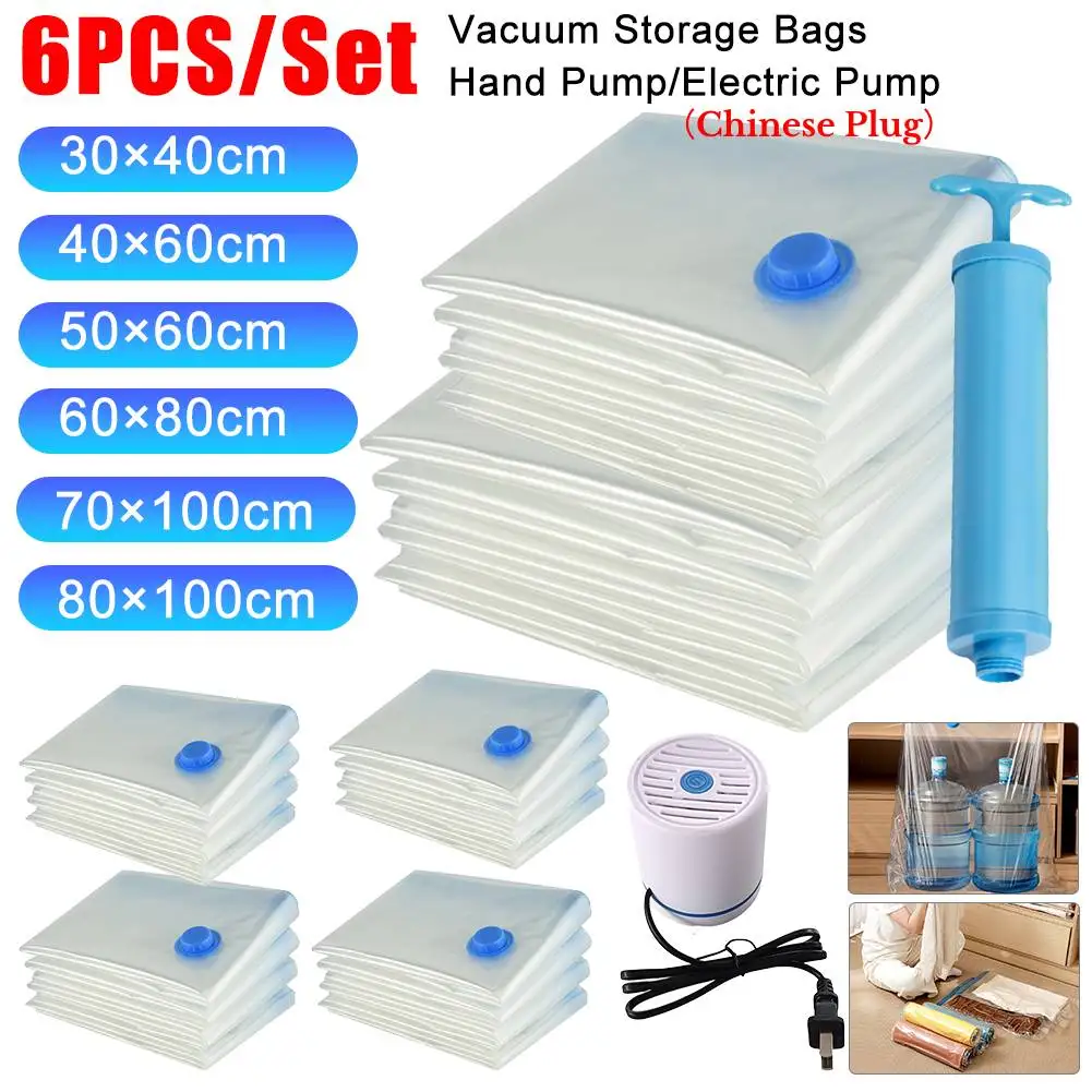 

6PCS Vacuum Bag With Valve & Pump for Clothes Storing Large Plastic Compression Empty Bag Travel Accessories Storage Container