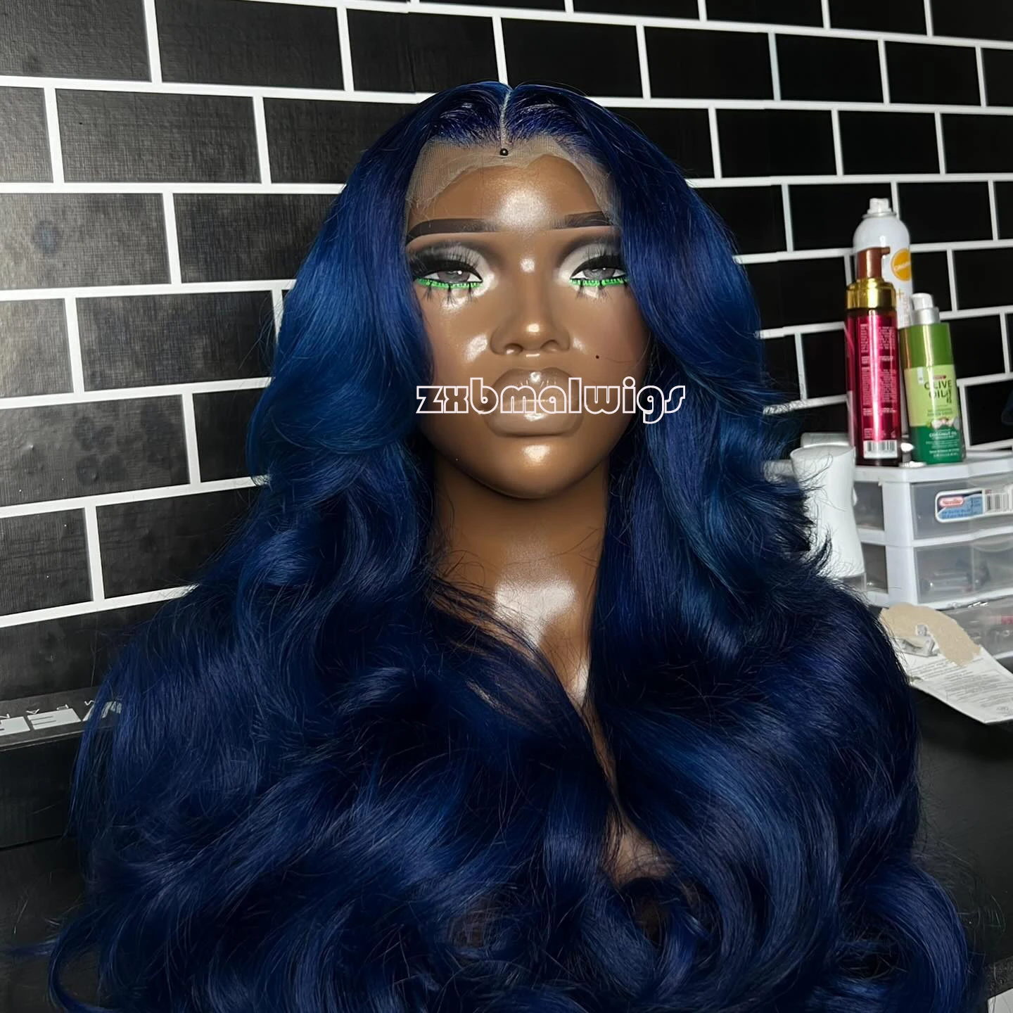 ZXBMALWIGS Long  Synthetic Hair Dark Blue 13X4 Wavy Lace Front Wigs for Women  High Temperature Fiber Lace Wigs Daily Cosplay