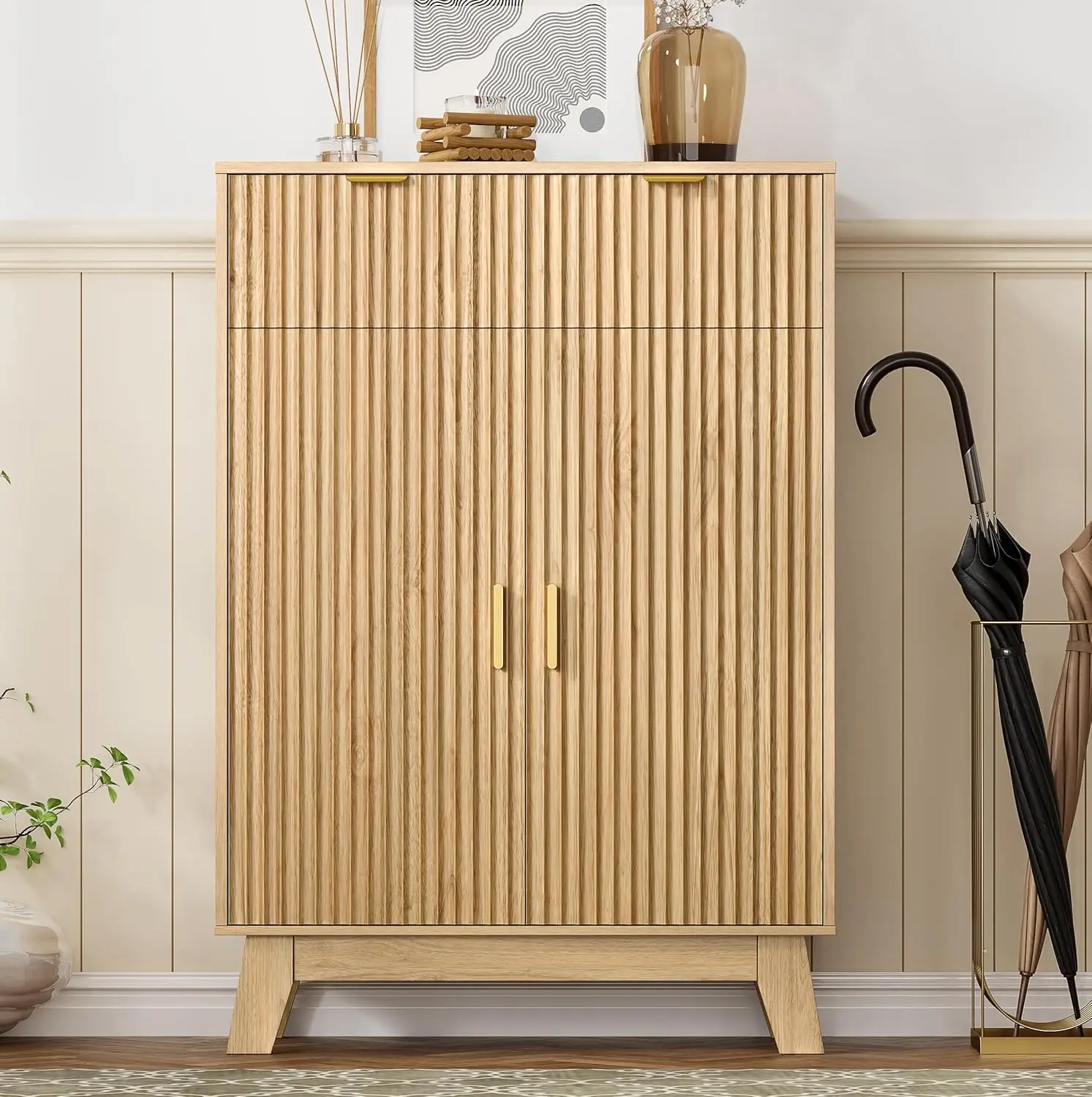 

Shoe Cabinet Storage for Entryway, 4 Tier Fluted Shoe Storage Cabinet with 2 Drawers, Narrow Hidden Shoe Organizer with