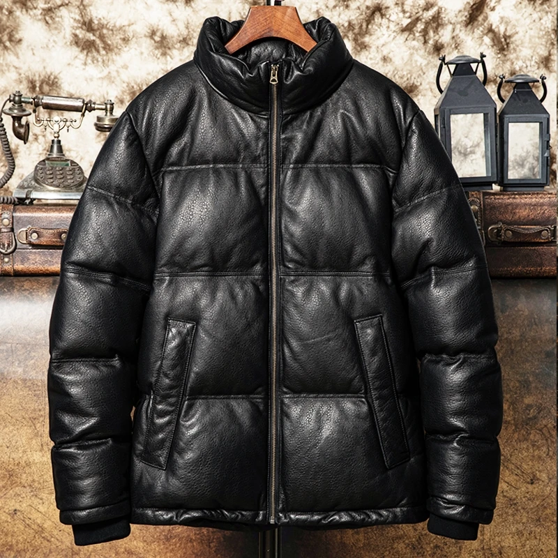 Black Winter Leather Down Jacket Men Casual Style Plus Size 5XL Natural Thick Sheepskin Warm Genuine Leather Coat