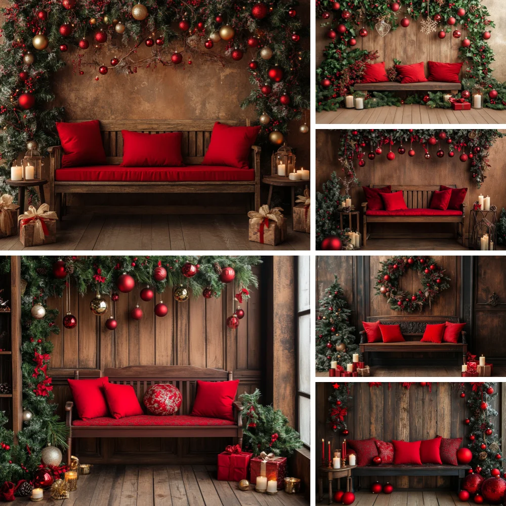 

Christmas Photography Background Happy New Year Party Wooden Floor Wall Xmas Tree Red Pillow Gift Decor Family Photo Backdrop