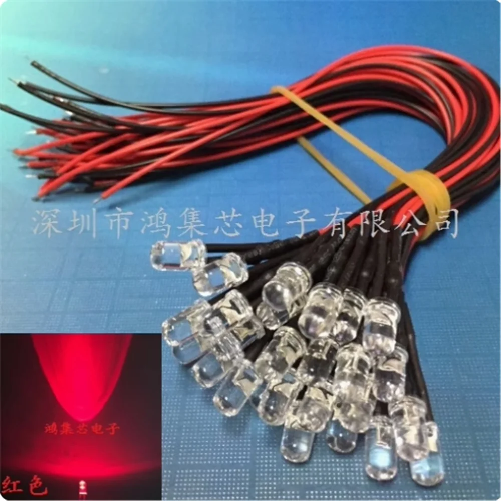 

100pcs 12V light tube with line 5mm white to red ultra bright red LED lamp bead LED line length 20CM