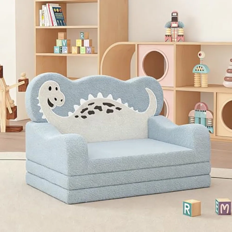 

2-in-1 Toddler Couch Fold Out Foldable Sofa Chairs Comfy Gift for Boys Gift for Birthday 's Day Sky Dinosaur