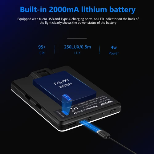 Imagen 2 del producto NEEWER-luz de Selfie con Clip frontal y trasero para teléfono, 60 LED de alta potencia, 2000mAh, recargable, CRI 95 +, 3 modos de luz para tableta/portátil