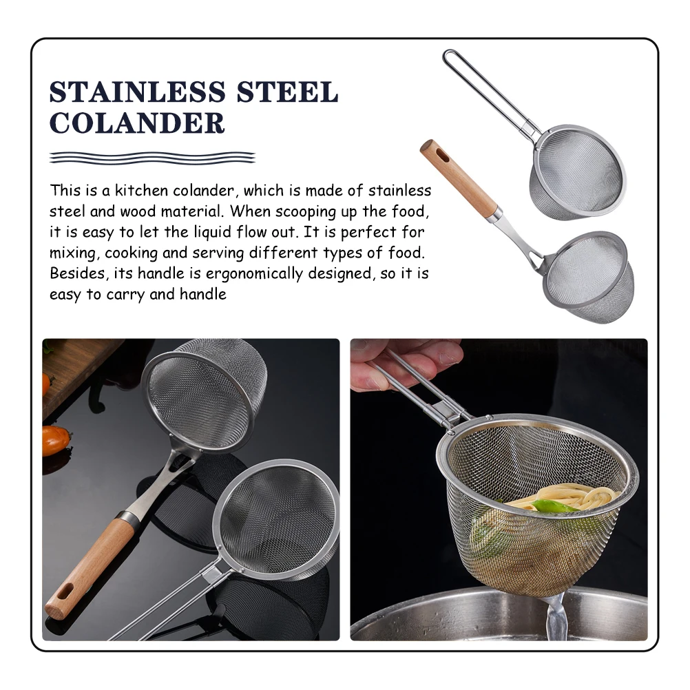 

2Pcs StainlessSteel OilFilter Strainer FilteringLadle Sieve TeaHotPot Spoon HomeSpoons NoddlesStrainer WoodH