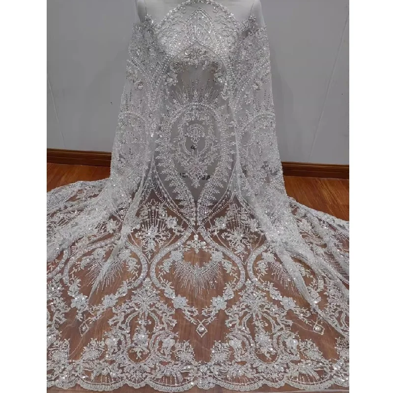 

High Quality Luxury Nail Embroidered Lace Mesh Fabric, White Nail Bead Sequin Wedding Dress Diy Lace Clothing Accessories