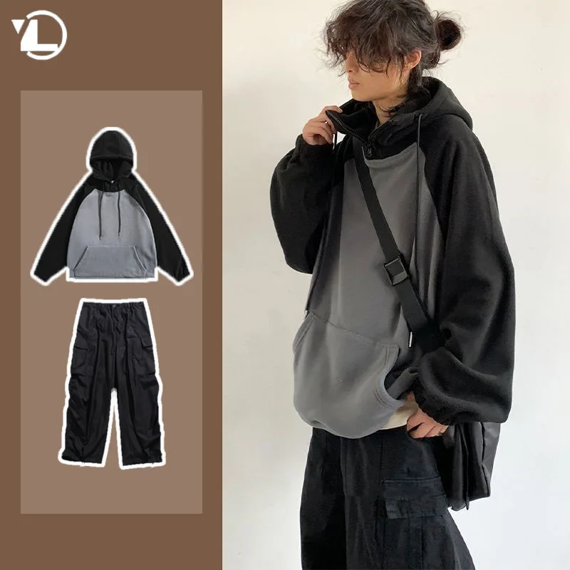 Mens Autumn Japanese Two-piece Set Harajuku Color Block Hoodie+American Drawstring Cargo Pants Set Street Trend Unisex Suit