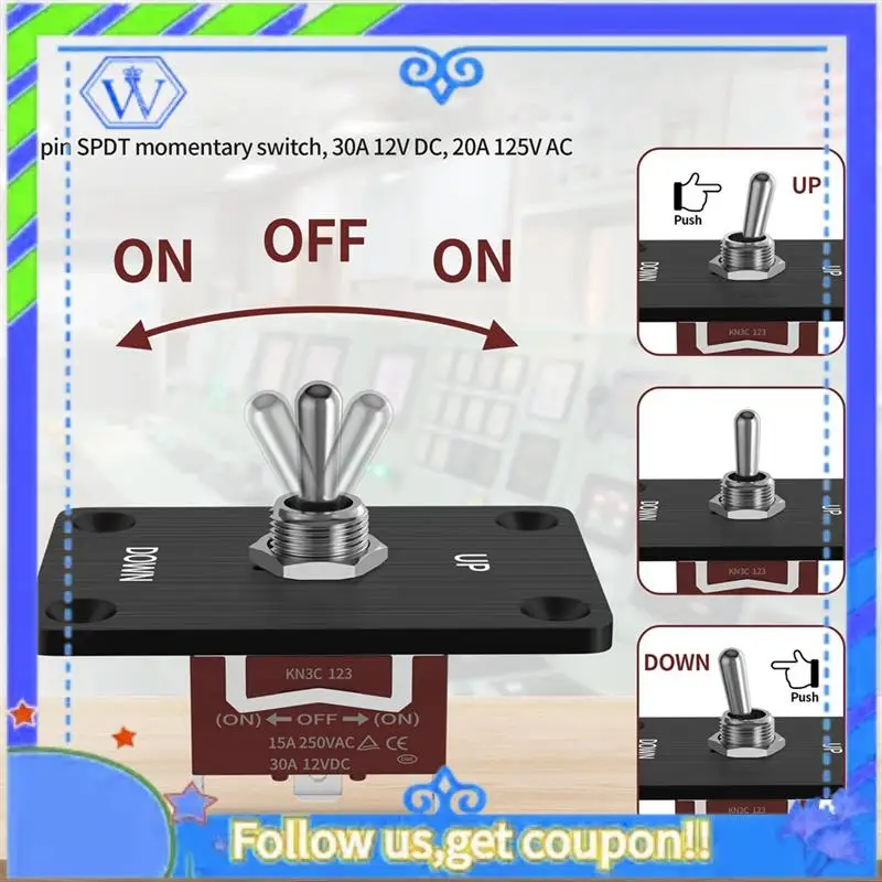 Momentary 30A Toggle Switch Waterproof 12V (ON)/Off/(ON) 3 Pin SPDT With UP/Down Mounting Plate For RV Motor Control