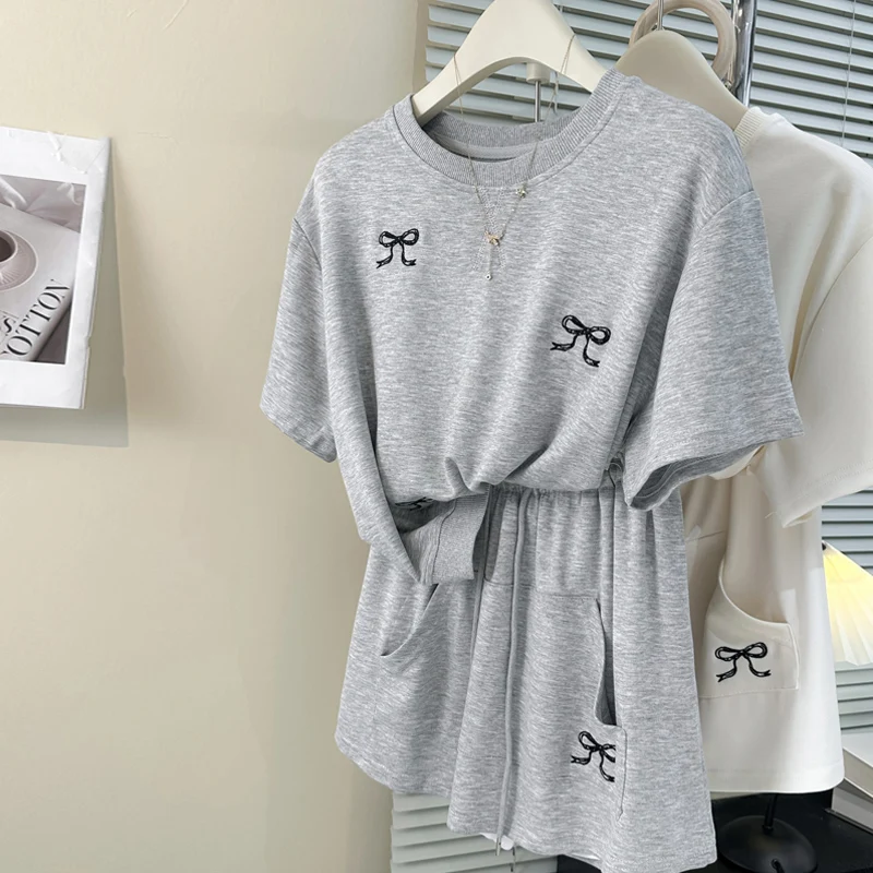 

Loose Short Sleeve Sportswear Set for Women Summer Casual Style Half-length Skirt Two-piece Polyester Cotton Blend round Neck