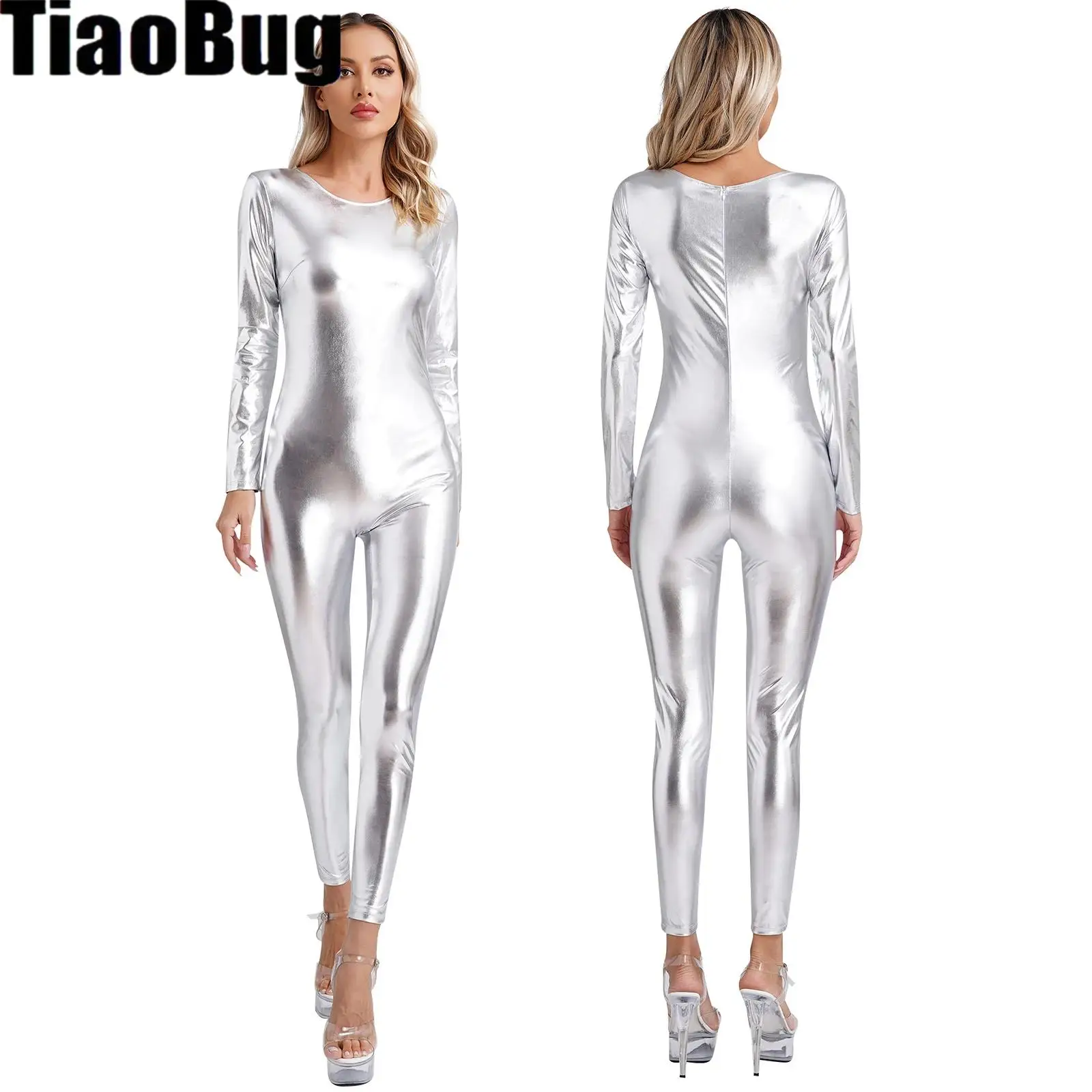 

Женское боди металлик, цельная клубная одежда, блестящая танцевальная одежда, облегающее боди с круглым вырезом и длинными рукавами, боди для всего тела, праздничные костюмы