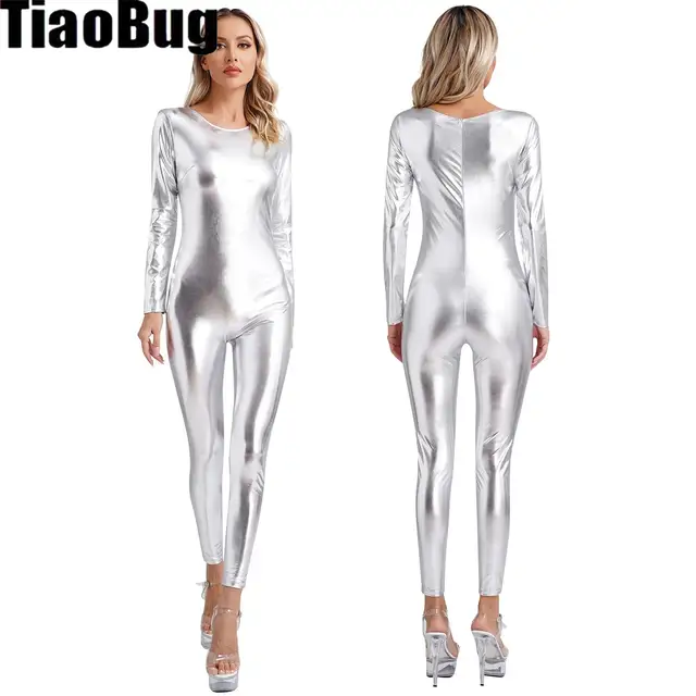 Damskie metaliczne body jednoczęściowe Clubwear błyszczące stroje taneczne wokół szyi z długim rękawem Slim Fit body na całe ciało kostiumy festiwalowe