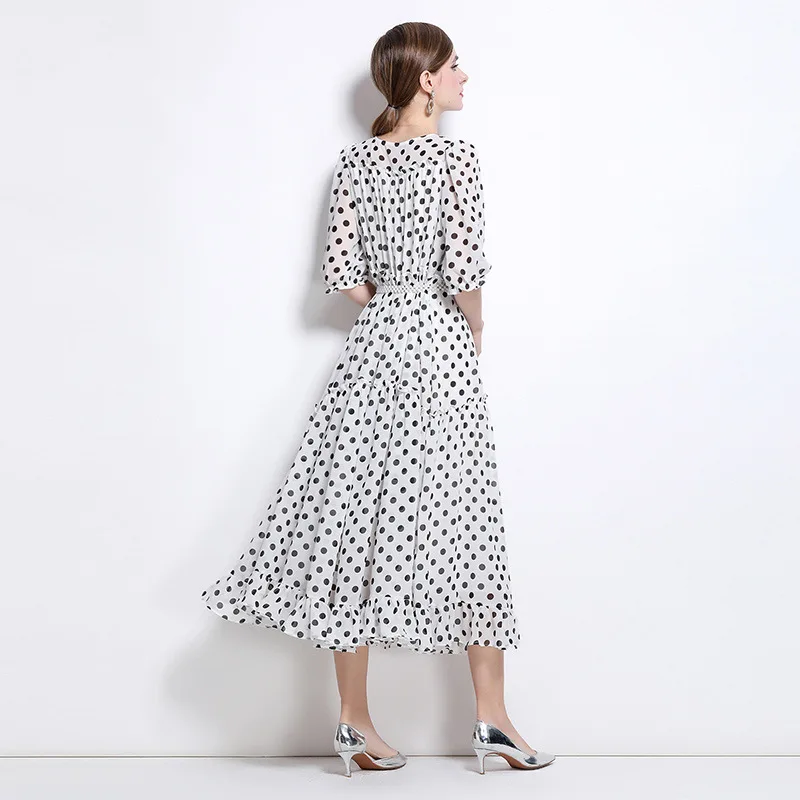 Nuevo vestido largo e de gasa de lunares a la moda, estilo de vacaciones, falda de punto uesa de verano, cintura hol...