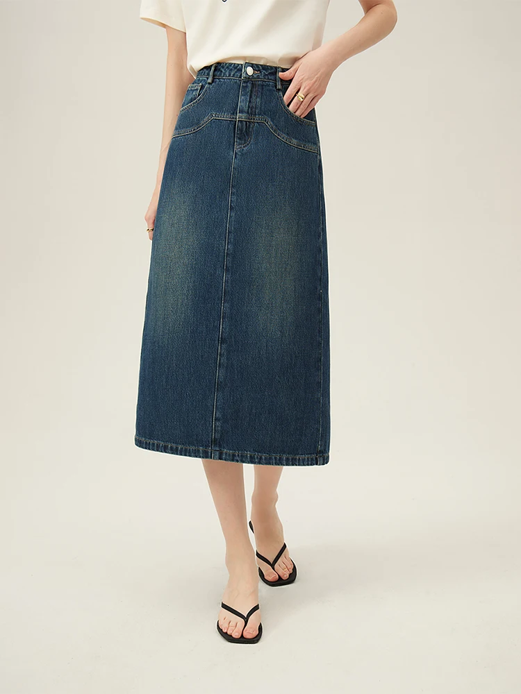 FSLE 【2 Colors】Simple All-Match A-LINE Denim Skirts Back Slit Design 2024 Spring White Long Denim Skirt 24FS12181