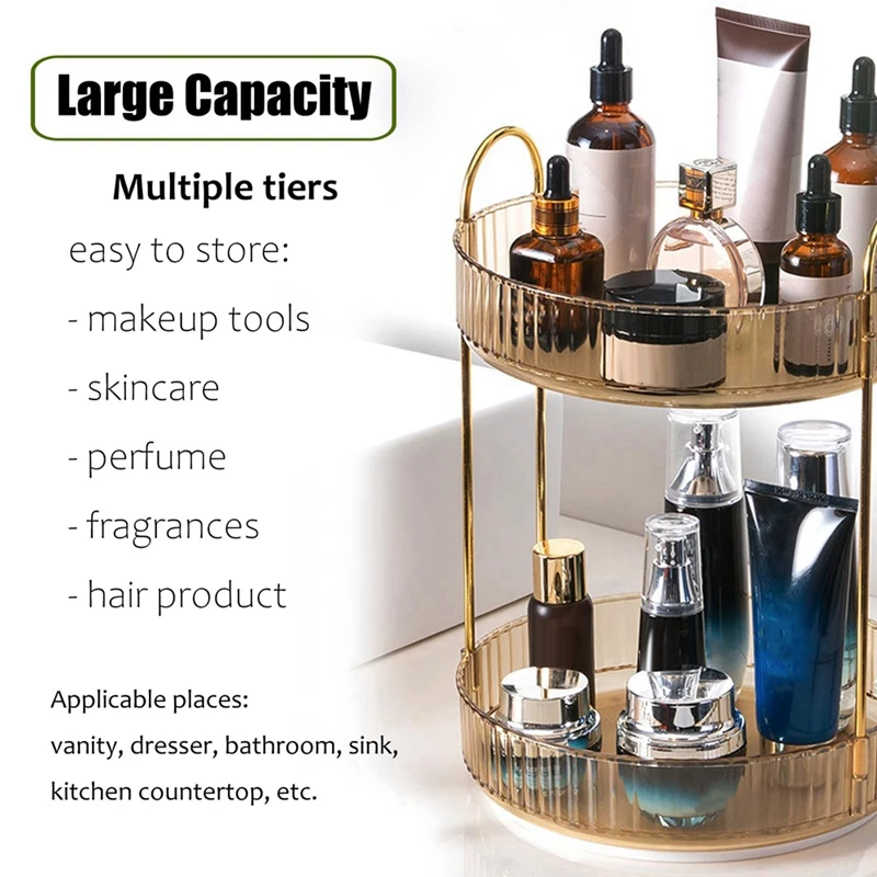 Rotating Makeup Organizer 2 Tier Lazy Trays Skincare Perfume Organizer For Bathroom Counter Vanity, Amber Gold