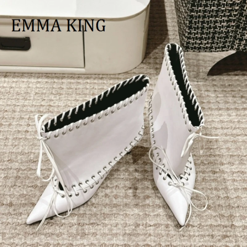 Metal Grommets and Leather Lacing Embellishment Booties Pointed Toe Kitten Heel Ankle Boots Women Luxury Fashion Leather Boots