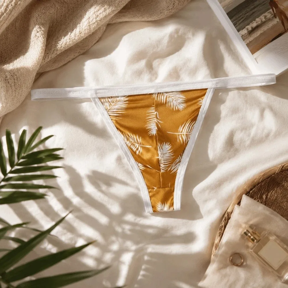 Comfortable Thin Strap Underwear Male Low Waist Feather Printed Thin Panties Lingerie Ice silk T-back Briefs Youth