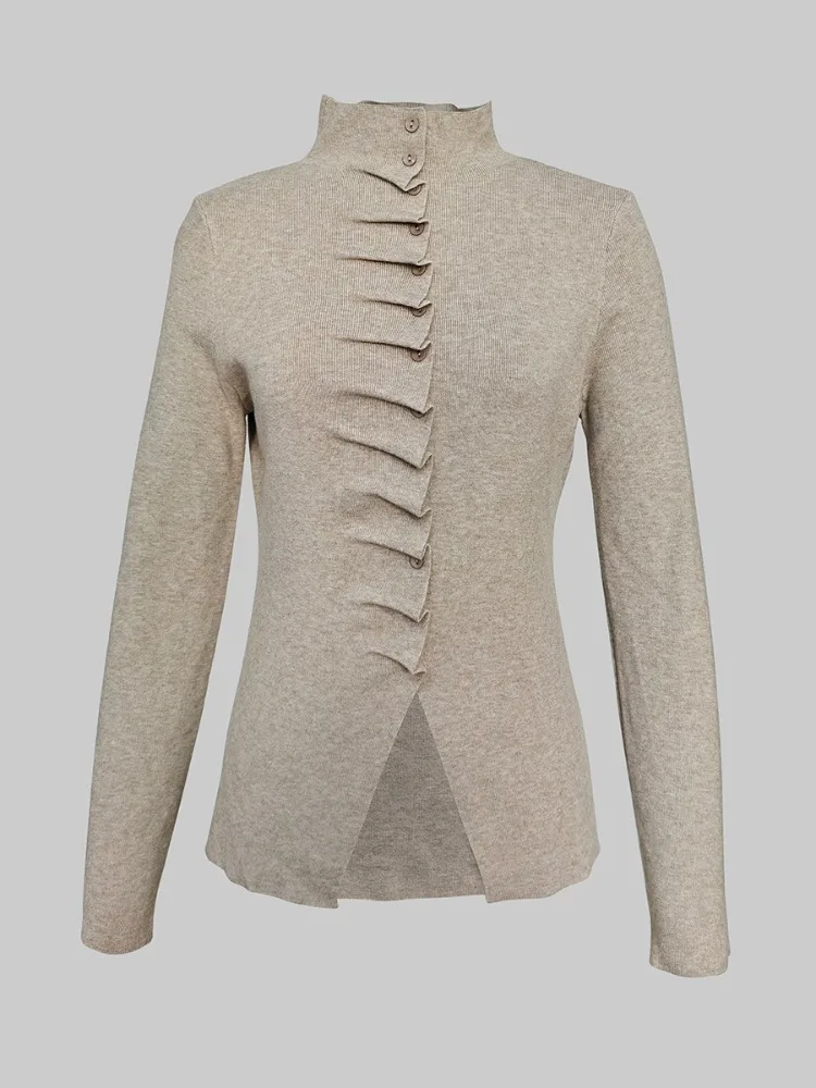

UOOZEE 2026 New Women's Solid Color Turtleneck Pleated Sweater Long Sleeves Slim Fir Casual Trendy Knit Pullovers Tops