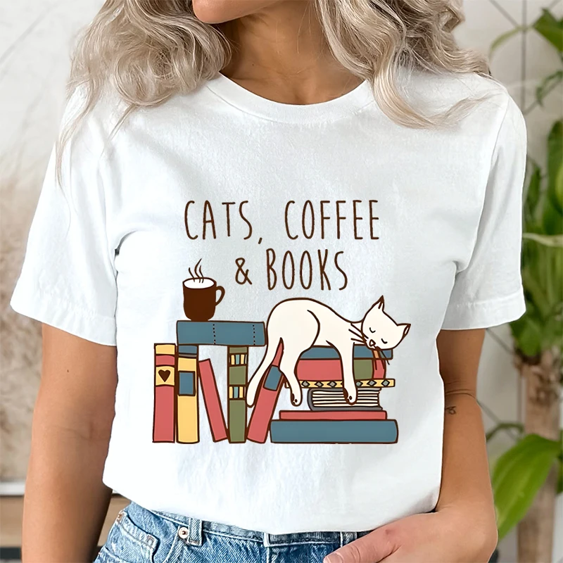 Cats Coffee Books Women Cute Bookworm T-Shirts Funny Book Lover T Shirt Vintage Reading Graphic Tees Female Bookish Tops Tshirt